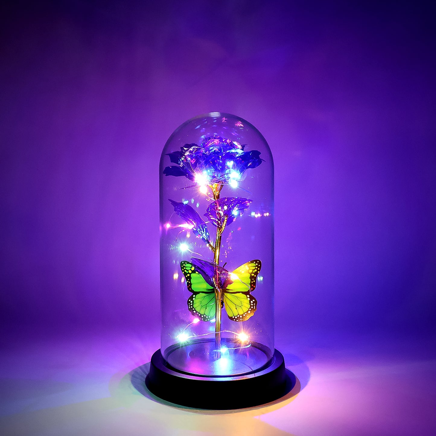 Led Preserved Rose With Colorful Butterfly In Plastic Dome (1 Pc Mix Color)