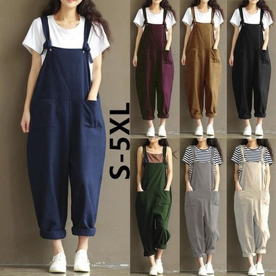 Women&#039;s Literary Dark Blue Brushed Cotton Suspenders Casual Trousers Women