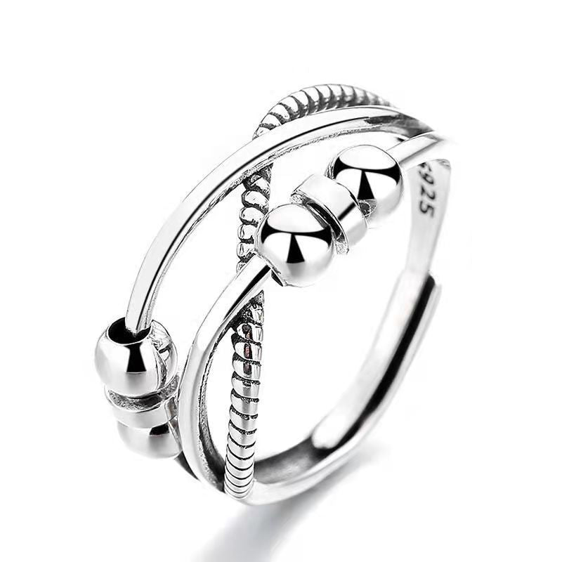 European And American Retro Old Thai Silver Anxiety Ring Three-Ring Smart Finger Ring Multi-Ring Rotating Bead Ring Jewelry For Women