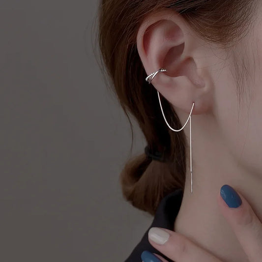 Sterling Silver Tassel Ear Clip Ear Wire One-piece Earrings Women&#039;s 2023 New Fashionable High-end Niche Design Ear Clip