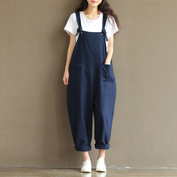 Women&#039;s Literary Dark Blue Brushed Cotton Suspenders Casual Trousers Women