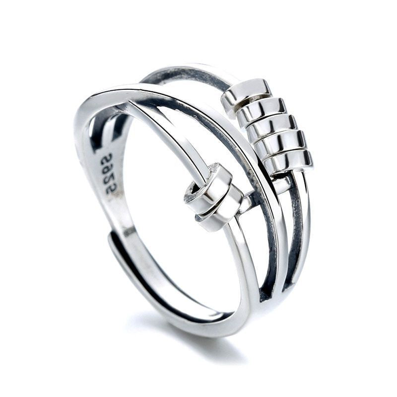 European And American Retro Old Thai Silver Anxiety Ring Three-Ring Smart Finger Ring Multi-Ring Rotating Bead Ring Jewelry For Women