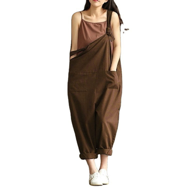 Women&#039;s Literary Dark Blue Brushed Cotton Suspenders Casual Trousers Women