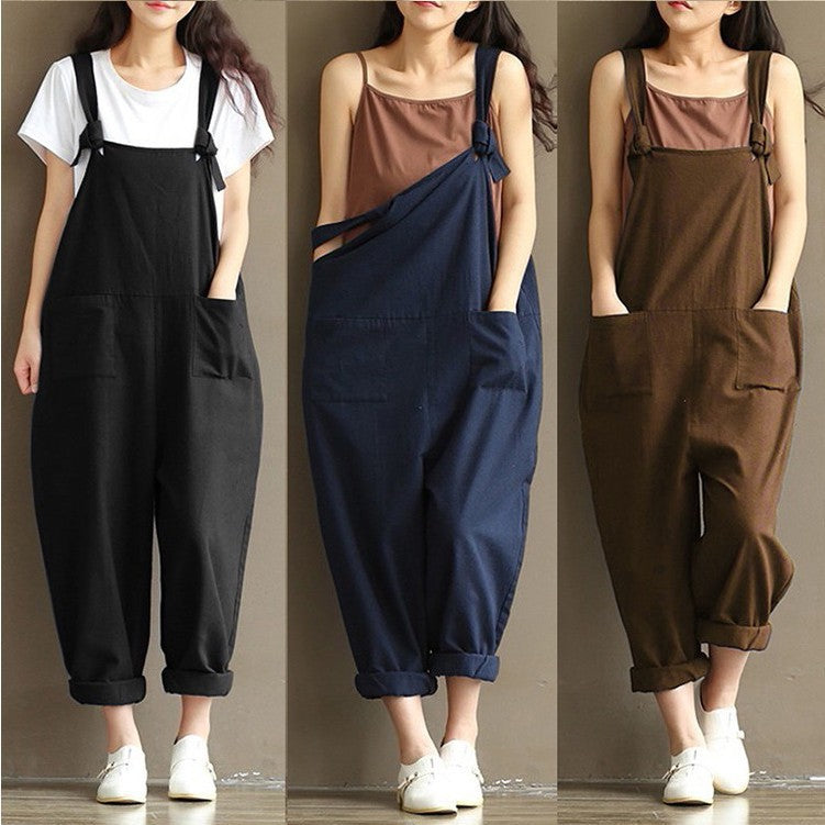 Women&#039;s Literary Dark Blue Brushed Cotton Suspenders Casual Trousers Women