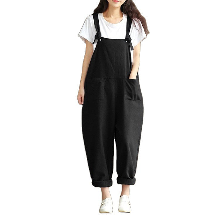 Women&#039;s Literary Dark Blue Brushed Cotton Suspenders Casual Trousers Women