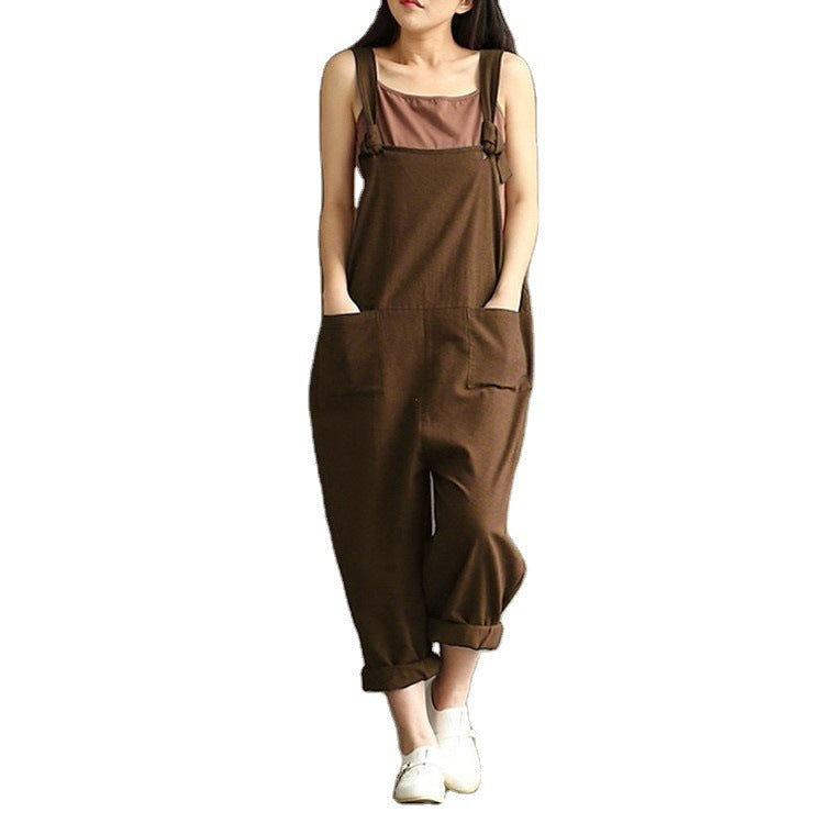 Women&#039;s Literary Dark Blue Brushed Cotton Suspenders Casual Trousers Women