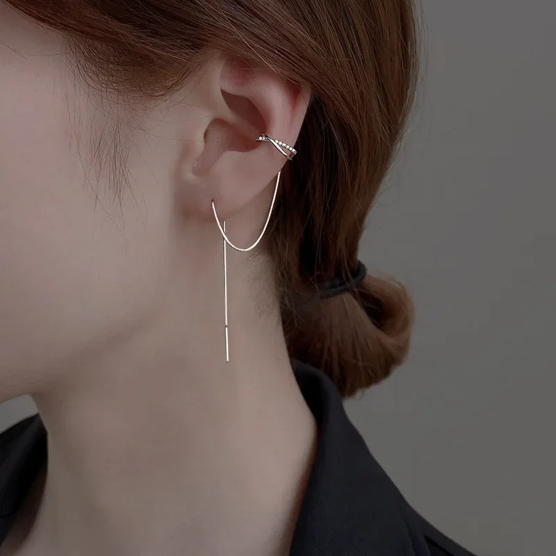 Sterling Silver Tassel Ear Clip Ear Wire One-piece Earrings Women&#039;s 2023 New Fashionable High-end Niche Design Ear Clip