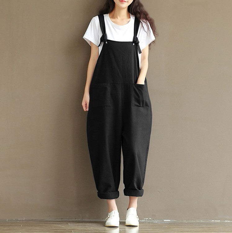 Women&#039;s Literary Dark Blue Brushed Cotton Suspenders Casual Trousers Women